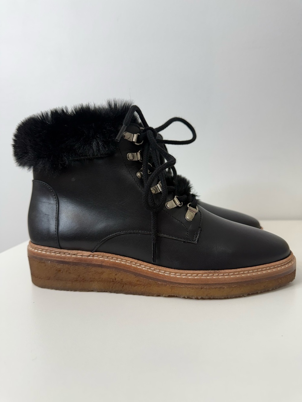 Botkier Black Winter Jet Ankle Boot Faux Fur Trim Lace Up Bootie Women's 7 NIB